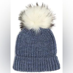 Kyi Kyi Knit Beanie with Faux Fur White Black Tip Pom Pom